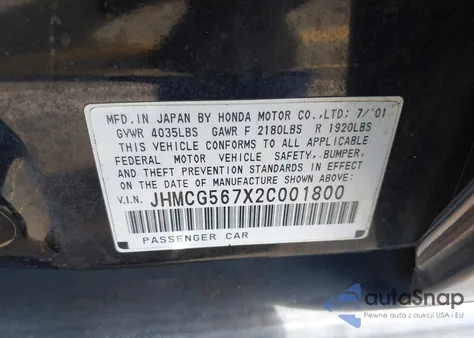 2002 Honda Accord 2.3 Se из США, поврежденный, VIN JHMCG567X2C001800